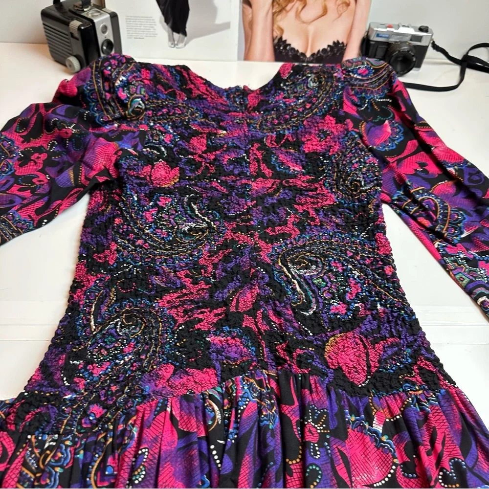 Vintage 1990s Paisley Drop Waist Midi Dress Purple Pink Bow Detail Boho - Picture 7 of 12